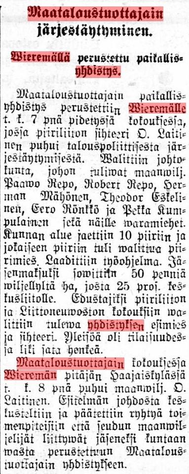 Ensimmäisen johtokunnan järjestäytyminen 7.2.1922.